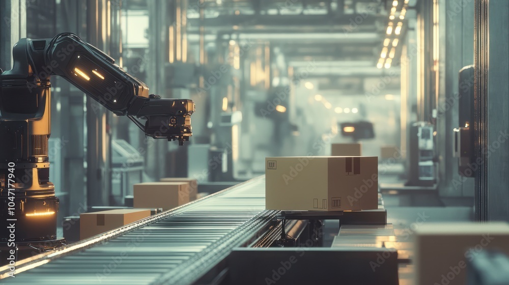 Automated Precision on the Production Line: A state-of-the-art robotic arm efficiently moves cardboard boxes along a conveyor belt in a modern factory, showcasing the power of automation in manufactu Automated Precision on the Production Line: A state-of-the-art robotic arm efficiently moves cardboard boxes along a conveyor belt in a modern factory, showcasing the power of automation in manufactu