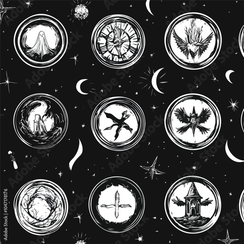 Mystical Witch Signs Seamless Pattern on Black Background