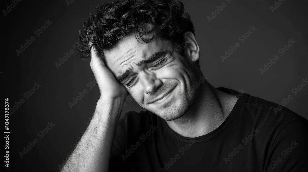 A Man With Curly Hair Touching His Face While Smiling Sadly A Man With Curly Hair Touching His Face While Smiling Sadly