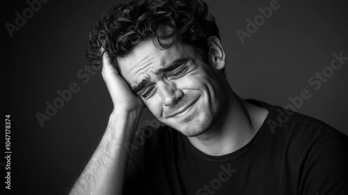 A Man With Curly Hair Touching His Face While Smiling Sadly