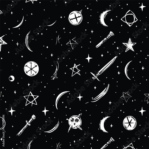 Mystical Witch Signs Seamless Pattern on Black Background