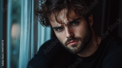 Close-up portrait of a young man with blue eyes and a beard, looking intently at the camera photo