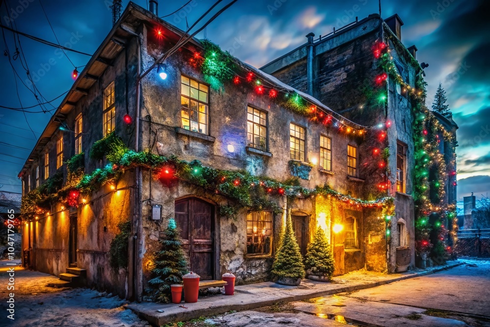 Fototapeta premium Urban Exploration Christmas Scene in 4K: Holiday Lights and Abandoned Buildings for Stunning Wallpaper