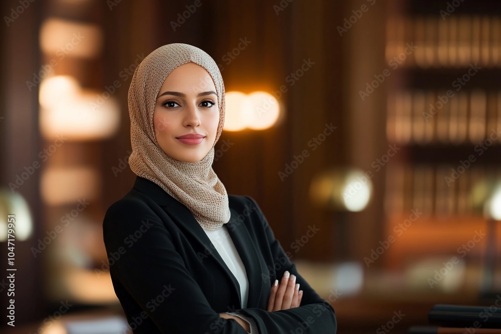 A confident woman in a hijab stands with arms crossed in a professional setting. A confident woman in a hijab stands with arms crossed in a professional setting.