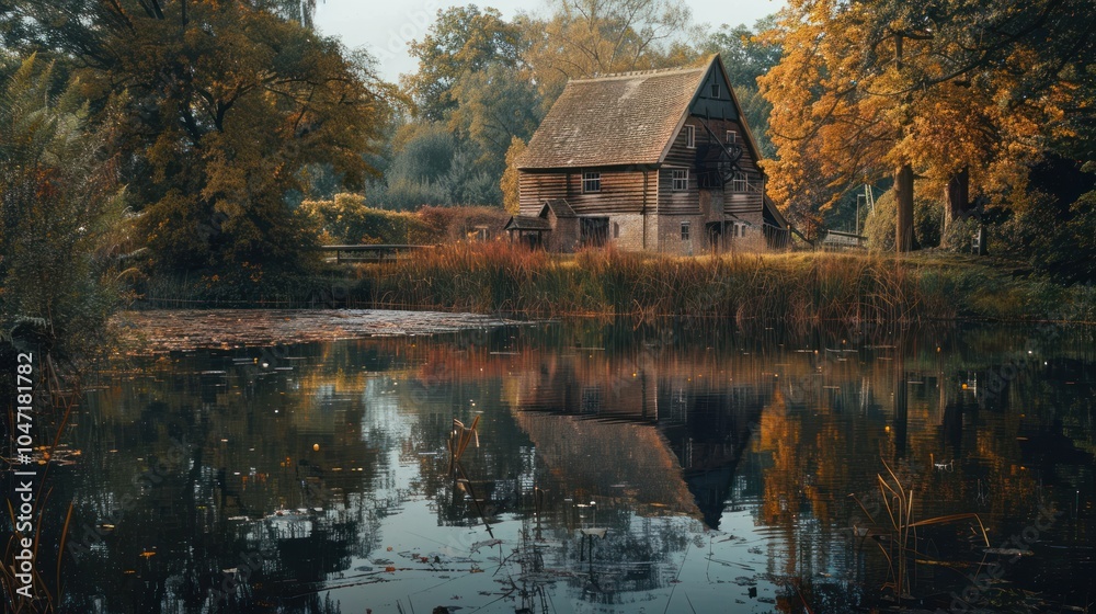 Fototapeta premium A Rustic Water Mill Reflected in a Still Pond