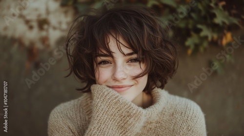 Young Woman with Short Brown Hair in a Knitted Sweater photo