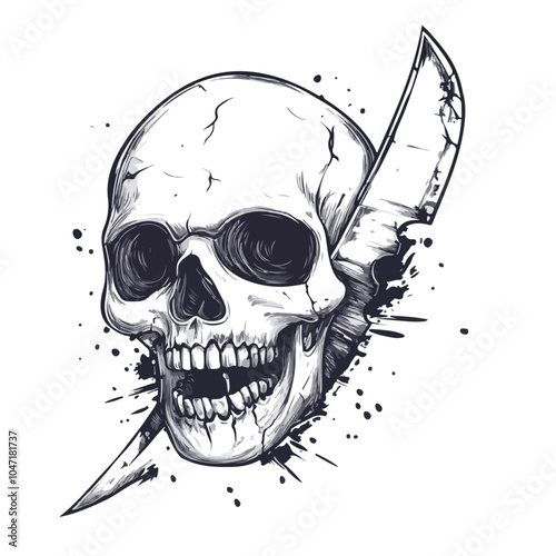 Sinister Skull with Broken Knife Sketch Vector Illustration