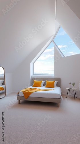 Minimalist attic bedroom, slanted ceiling, skylight window, bright natural light, white walls, modern bed with yellow and white bedding, wooden nightstand, round mirror, cozy interior design, Scandina photo