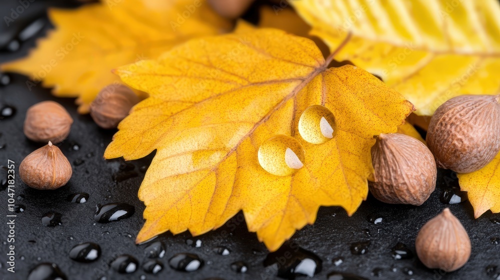 Autumn Leaf with Water Drops and Nuts on Black Background Autumn Leaf with Water Drops and Nuts on Black Background