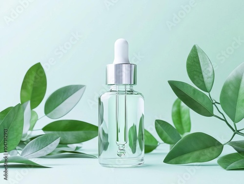 Clear dropper bottle filled with botanical essence, surrounded by realistic green leaves, natural skincare concept