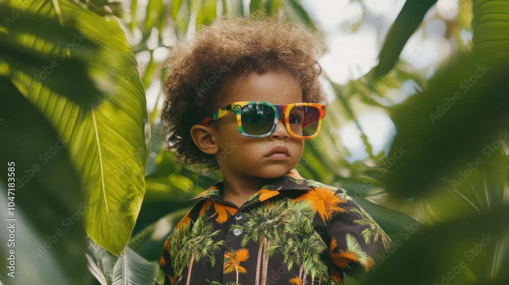 young child wearing colorful tropical-themed sunglasses and shirt in lush green foliage young child wearing colorful tropical-themed sunglasses and shirt in lush green foliage
