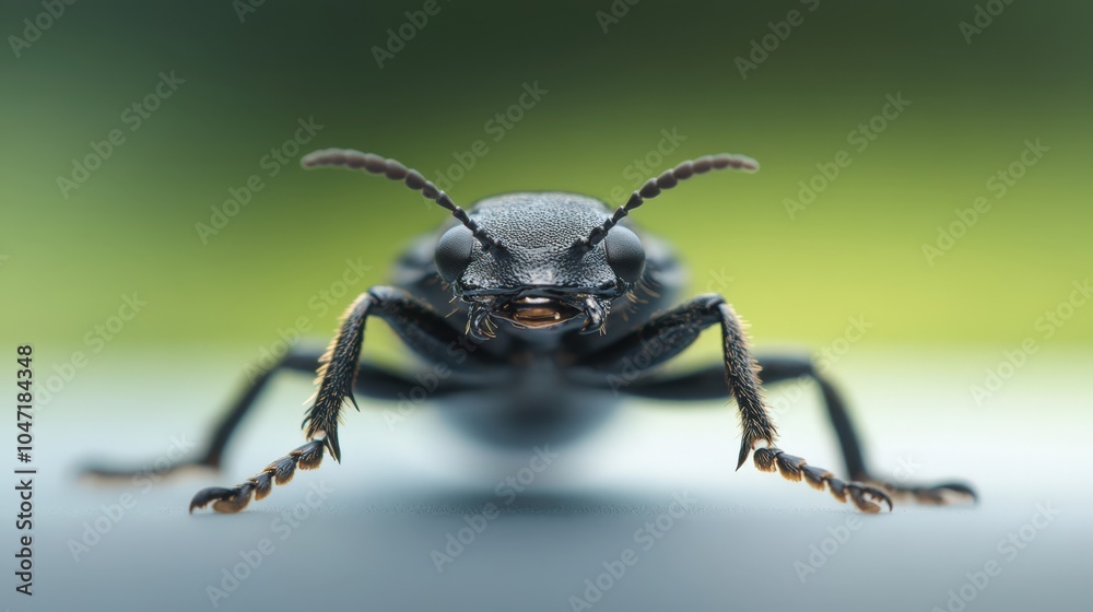 Macro close-up of a black beetle with large antennae and eyes Macro close-up of a black beetle with large antennae and eyes