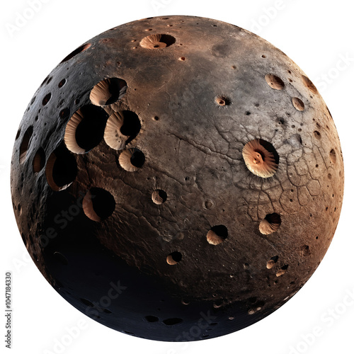 Dark brown moon with rough surface and large craters, isolated on transparent background