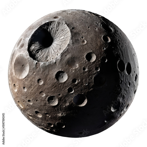 Moon with rough surface and large deep craters, isolated on transparent background