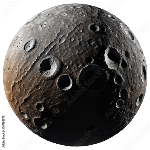 Dark moon with rough surface and large deep craters, isolated on transparent background