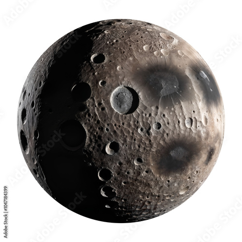 Moon with rough surface and large craters, isolated on transparent background