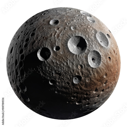 Moon with rough surface and large craters, isolated on transparent background