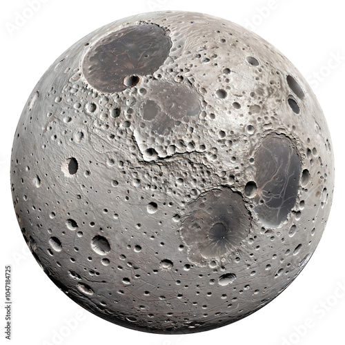 Bright white moon with rough surface and large craters, isolated on transparent background