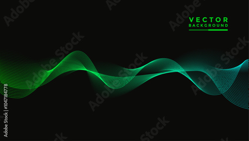 Smooth wavy lines, bright green. The composition of waves is small dots, black background, designed with soft yet luxurious textured materials.