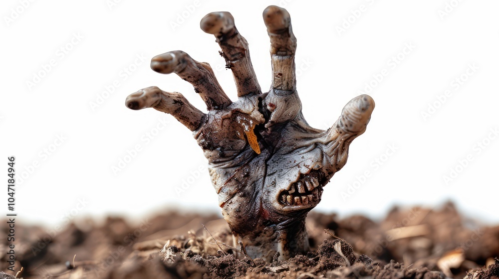 Obraz premium Isolated zombie hand reaching up from the ground on a white background
