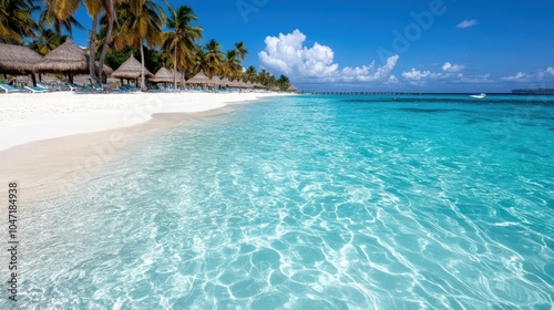 Tropical Paradise Beach with Crystal Clear Turquoise Water and Palm Trees