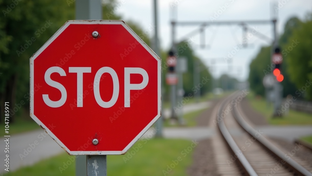 Vibrant red STOP sign near railway tracks Vibrant red STOP sign near railway tracks