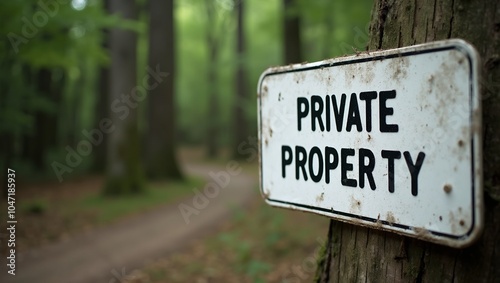 Private Property sign on wooden post at forest edge