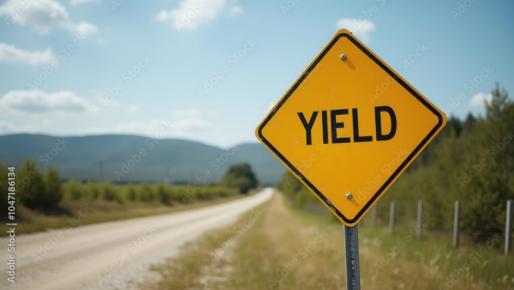 Caution sign YIELD at gravel road highway junction Caution sign YIELD at gravel road highway junction