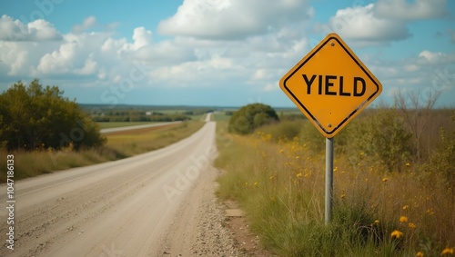 Caution sign YIELD at gravel road highway junction