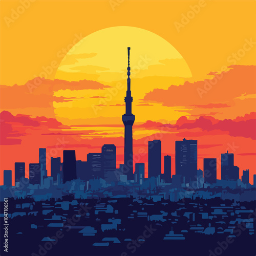 Tokyo City Skyline at Sunset - Urban Landscape Poster Design