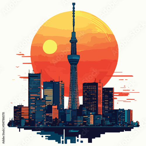 Tokyo City Skyline at Sunset - Urban Landscape Poster Design