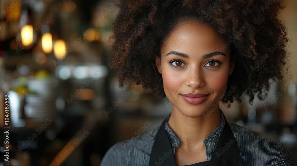 Obraz premium This young woman with beautiful curly hair greets customers with a warm smile as she works at a bustling café, creating a welcoming atmosphere in the afternoon rush