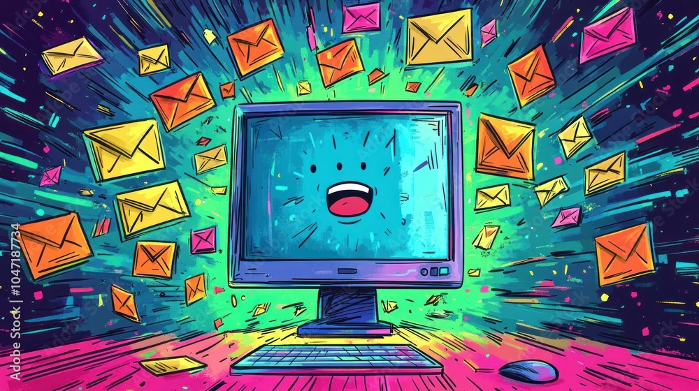 A colorful illustration of a computer with a happy face, surrounded by floating email icons. A colorful illustration of a computer with a happy face, surrounded by floating email icons.