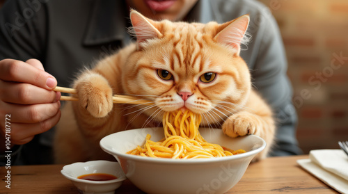 Cute Cat Eating Ramen with Chopsticks – Fun and Adorable Animal Stock Photo for Food, Pet, and Asian Cuisine Lovers