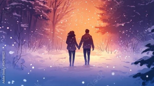 Romantic Winter Stroll: Couple Holding Hands in Snowy Forest at Sunset with Warm Glowing Light