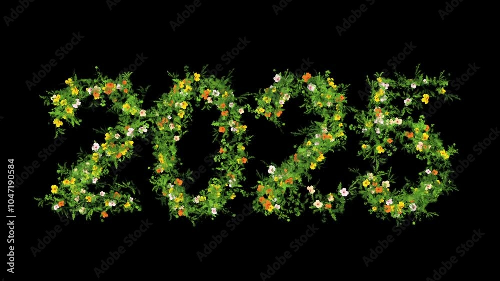 2025 with green grass and colorful flowers on plain black background