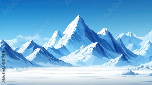 Majestic Snow-Capped Mountain Range Under Clear Blue Sky in Winter Wonderland Landscape