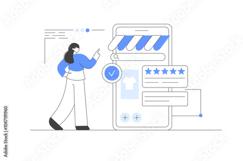 Character Choosing Goods, Making Order by Smartphone. Online Shopping. E-commerce platform. Vector Illustration, icon. Stylish, Minimalist line, abstract