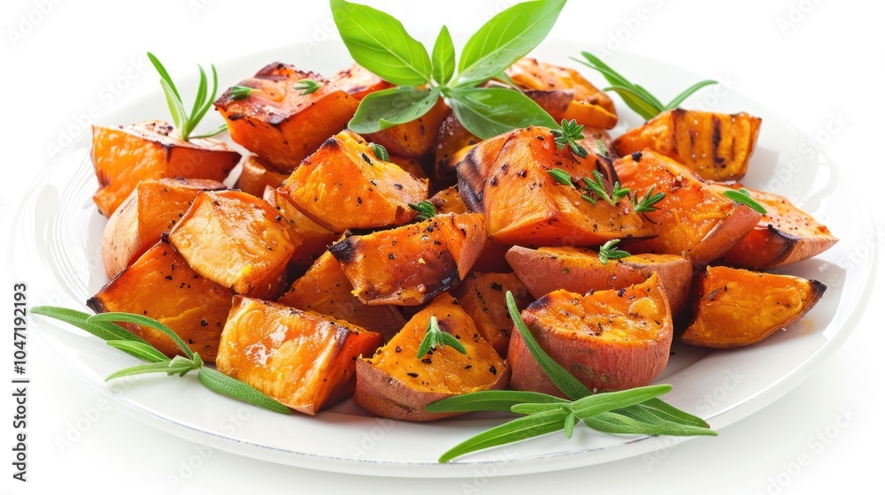 Roasted Sweet Potato Cubes with Herbs on a White Plate