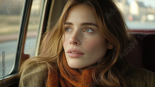 A contemplative young woman with flowing hair looks out thoughtfully through a car window, enjoying the passing scenery and thoughtful moments wrapped in a cozy scarf