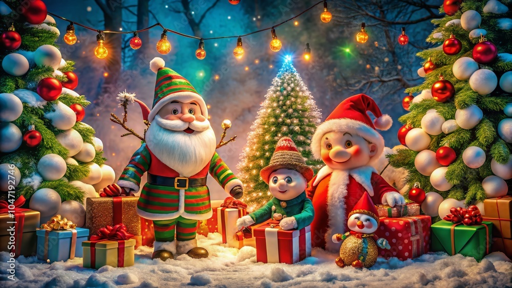 Whimsical Christmas Scene with Goofy Drawings of Santa and Elves in a Festive Wonderland Whimsical Christmas Scene with Goofy Drawings of Santa and Elves in a Festive Wonderland
