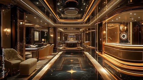 A luxurious, modern yacht interior with a bar, seating area, and a reflective floor. photo