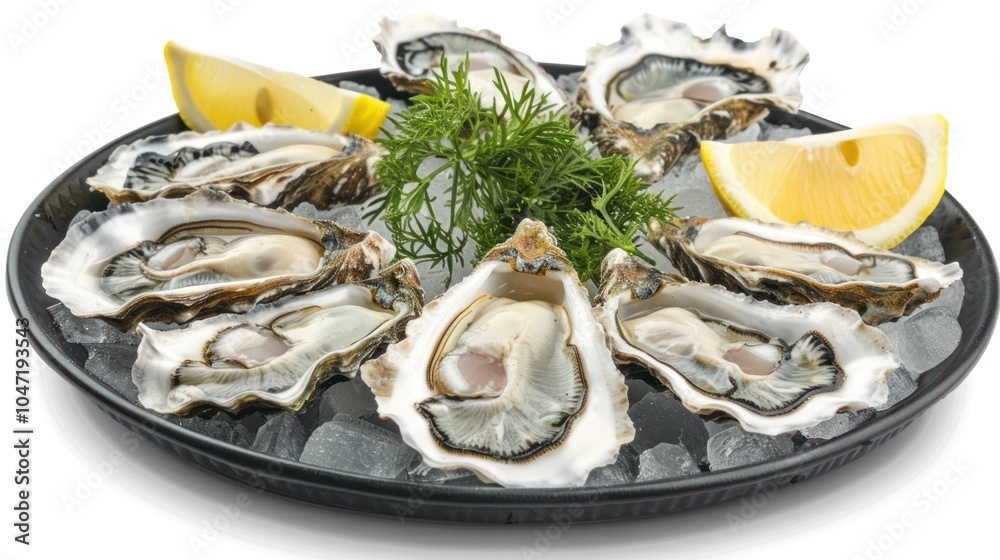 Fresh Oysters on Ice with Lemon and Dill Garnish