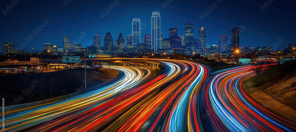Fototapeta premium Busy city highway with light streaks at night