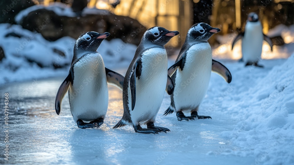 Fototapeta premium Penguins Waddle Across Ice in Zoo Environment