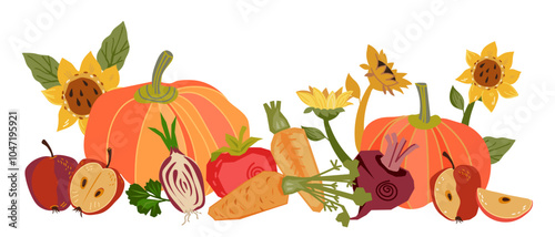 Variety of delicious and nutritious autumn vegetables and fruits. Grow, harvest, and cook seasonal vegetables. Autumn harvest and fair banner backdrop, flat vector illustration isolated on white.
