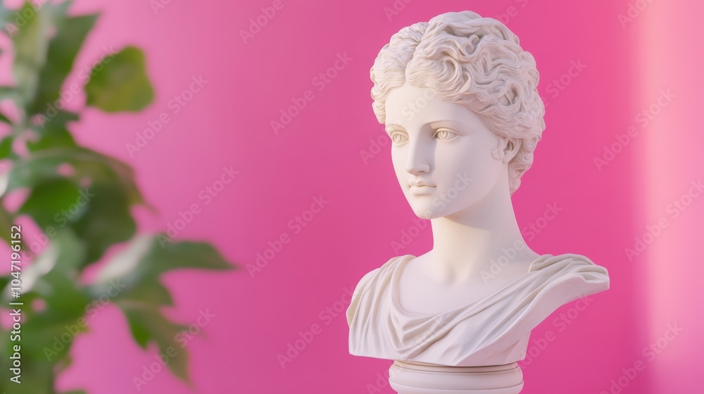 Elegant marble bust sculpture against vibrant pink background Elegant marble bust sculpture against vibrant pink background