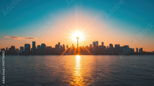 Stunning cityscape with skyscrapers and vibrant sunset over the water