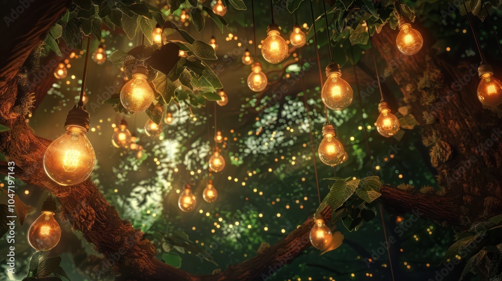 Glowing Lightbulbs Hanging From Tree Branches in a Forest Glowing Lightbulbs Hanging From Tree Branches in a Forest