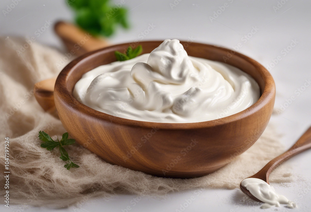 Sour cream in wooden bowl and spoon mayonnaise yogurt isolated on white background full depth of fie Sour cream in wooden bowl and spoon mayonnaise yogurt isolated on white background full depth of fie